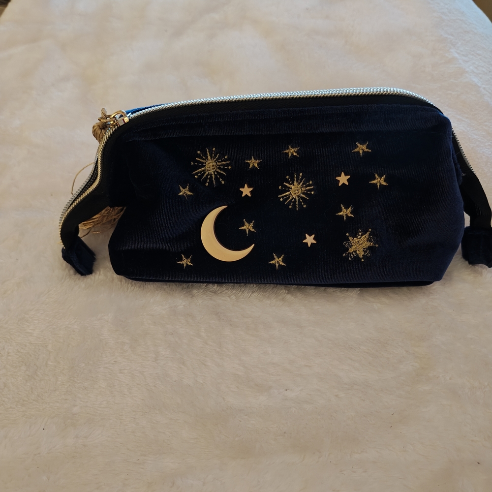 Navy Blue Velvet Cosmetic Bag with Gold Stars and Moon